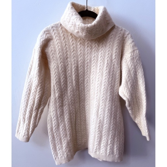 JEANNE PIERRE Sweaters - Vtg 90s Jeanne Pierre Lambswool Angora Cream Cable Knit Cowl Neck Sweater Size M